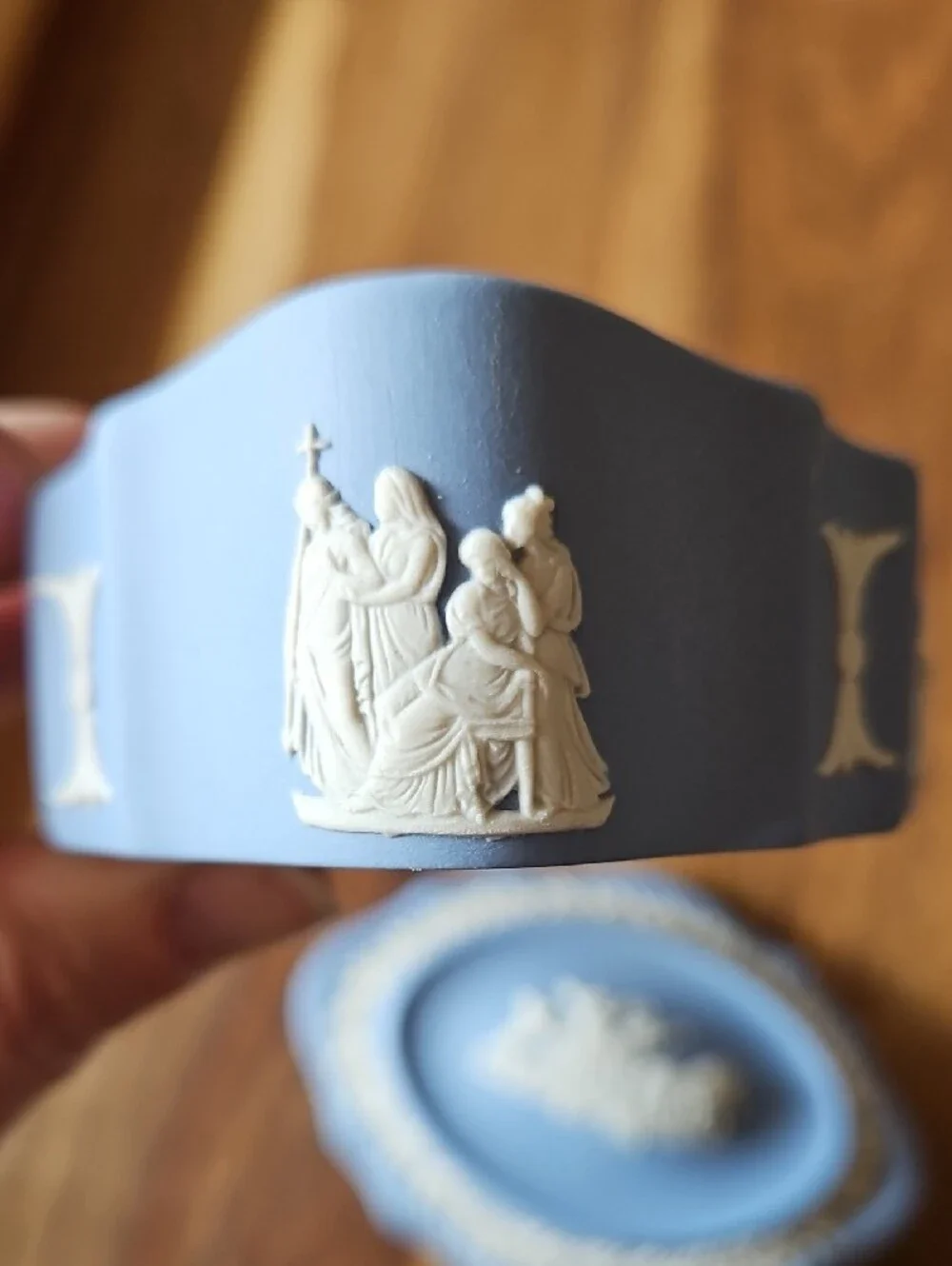 Wedgwood Jasperware Blue & White Neoclassical Long Lidded Trinket Dish Vessel
